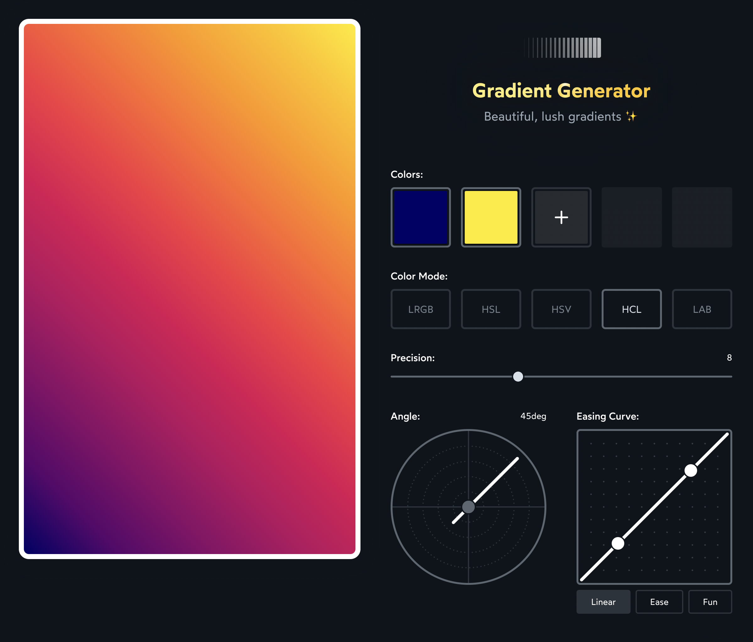 Thiết kế website đang trở nên dễ dàng hơn nhiều nhờ có CSS Gradient Generator. Nó giúp bạn thiết lập màu Gradient theo ý muốn một cách nhanh chóng, dễ dàng và tiện lợi. Hãy cùng thử công cụ này và tạo ra nền Gradient đẹp nhất cho trang web của bạn ngay bây giờ.