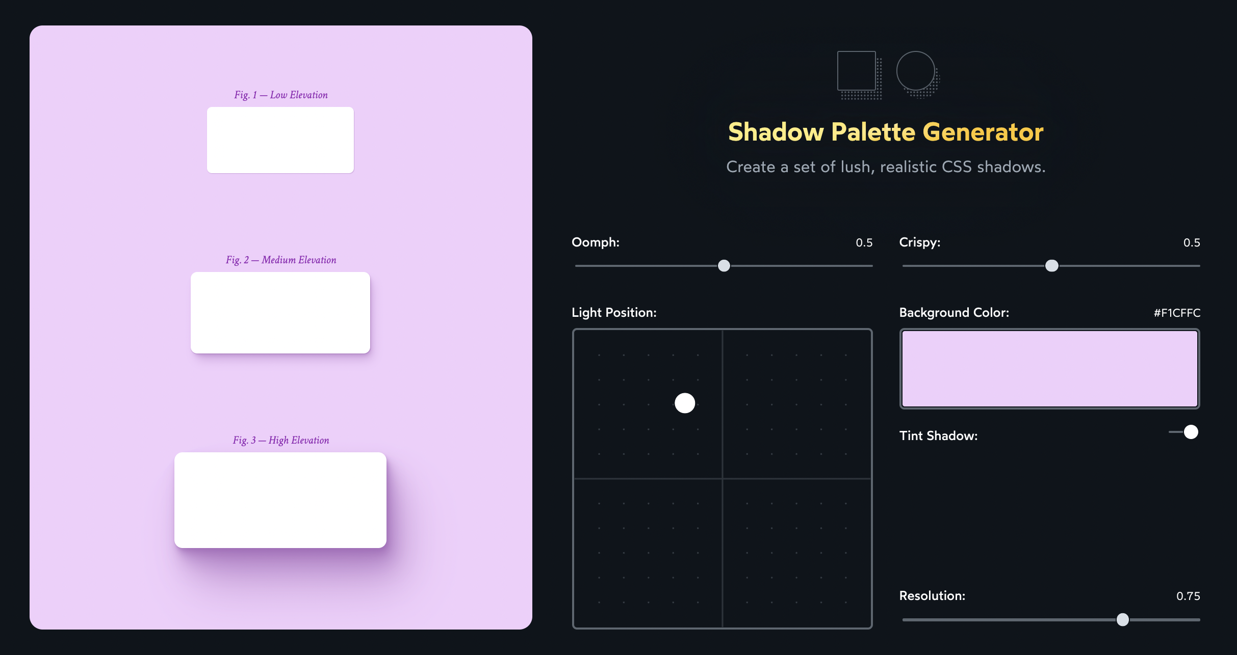Shadow Palette Generator CSS: Shadow Palette Generator CSS là công cụ tuyệt vời để tạo ra bảng màu đa dạng cho các hiệu ứng bóng. Hãy khám phá những tùy chọn màu sáng tạo và tùy chỉnh để tạo ra những hiệu ứng bóng tuyệt đẹp trên trang web của bạn.