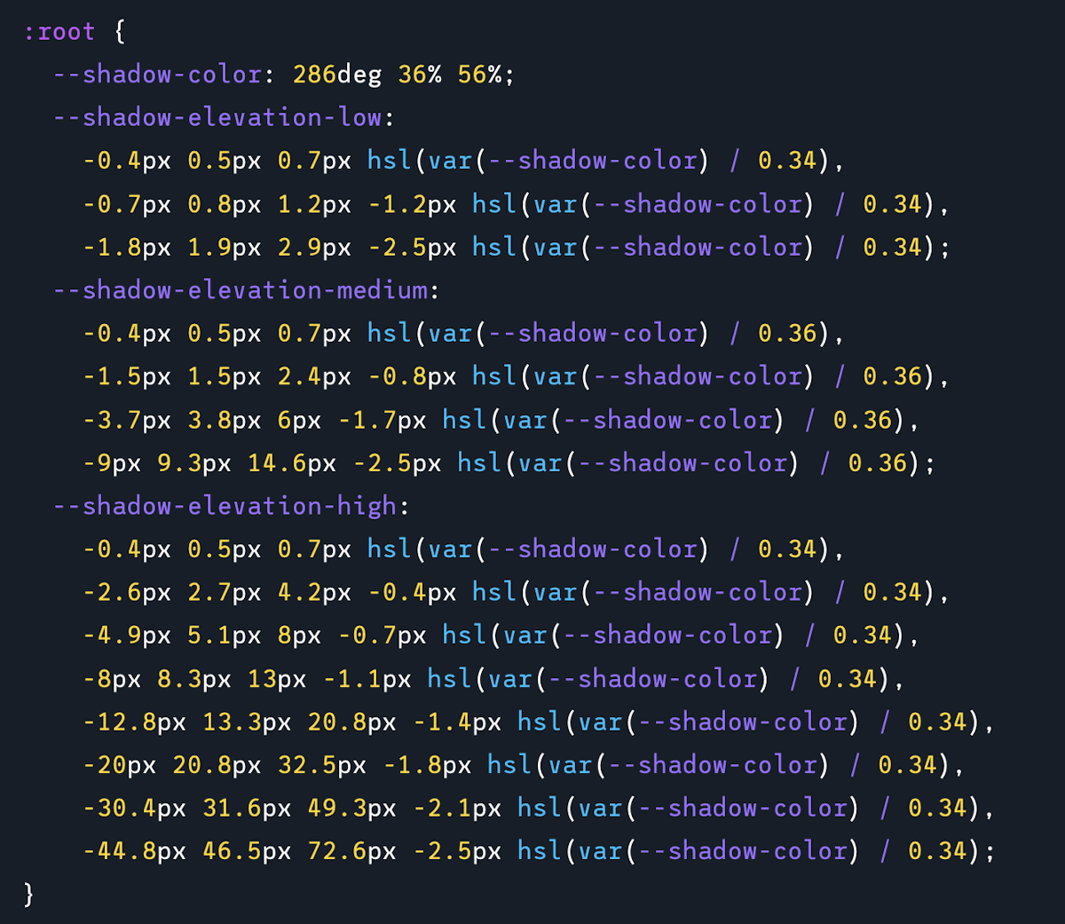 Screenshot of the code output from the above video, showing 4 declared CSS variables, fully syntax-highlighted