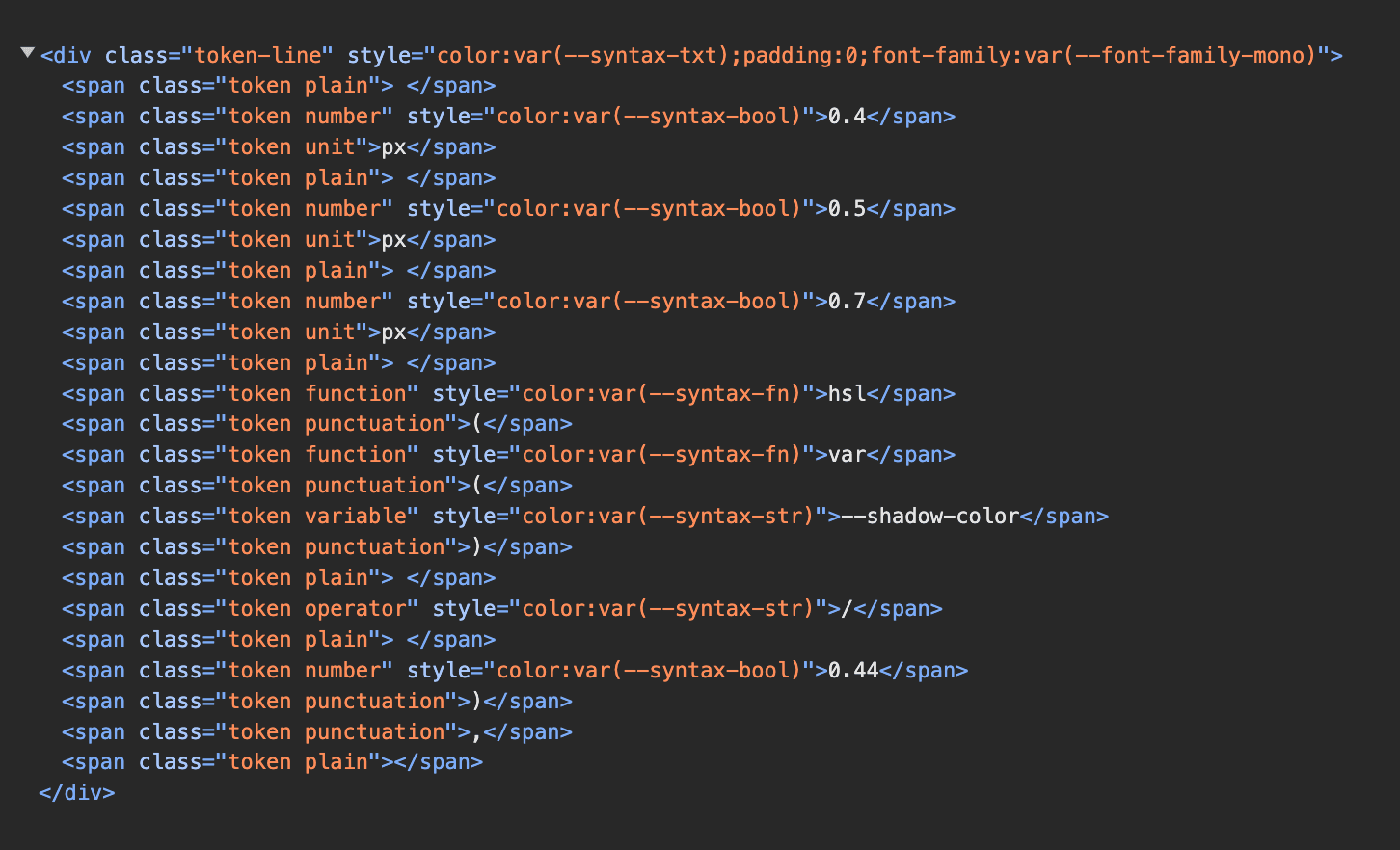 screenshot of the developer tools, showing a <div> with 24 <span> elements, each with two classes and occasionally some inline styles.