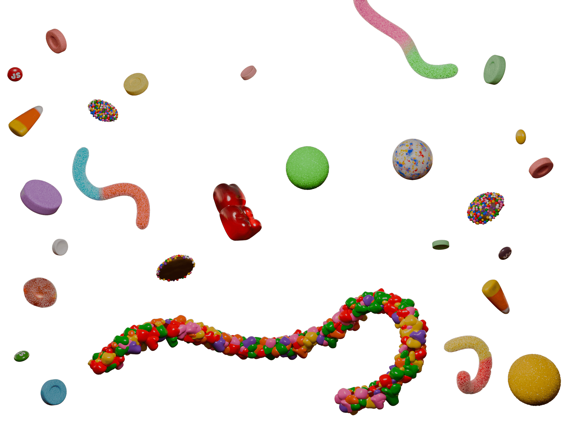 A bunch of floating candy pieces, including gummy worms, sweetarts, gumballs, jawbreakers, a Nerd rope, Skittles, candy corn, and more