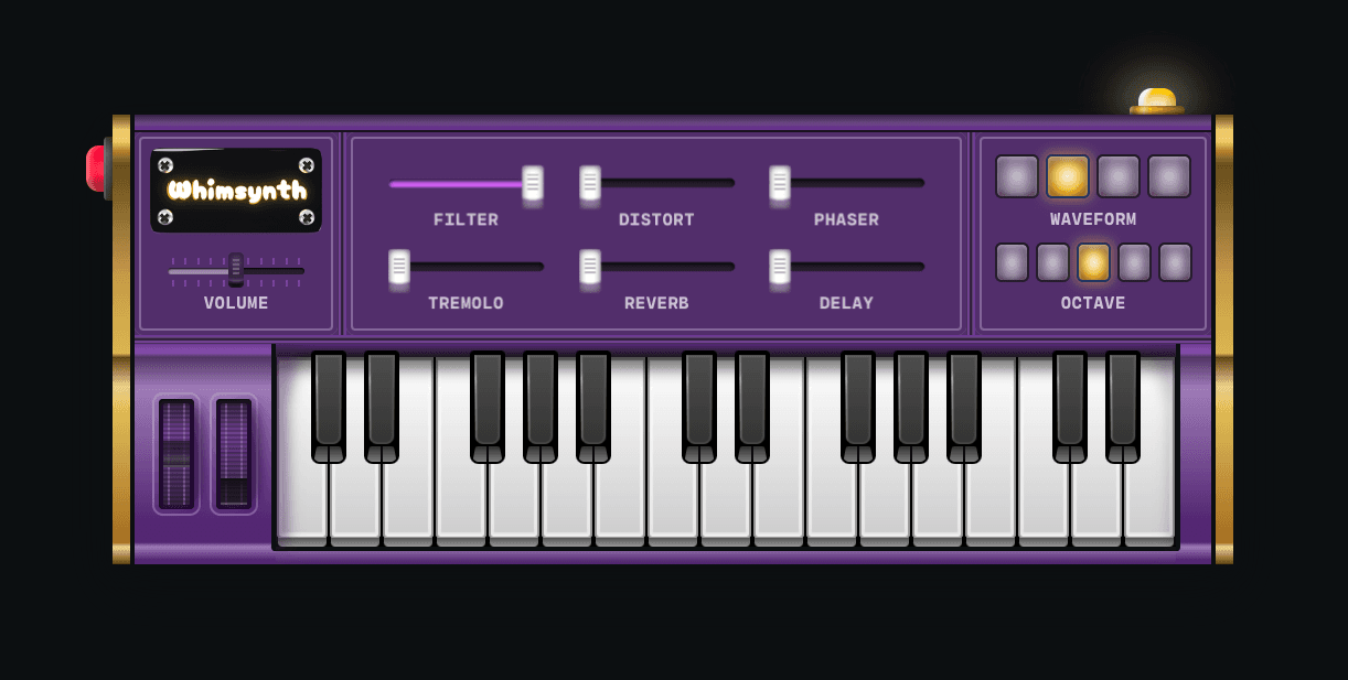 An illustrated synthesizer with a keyboard and a bunch of sliders and buttons. A nameplate in the top left reads “Whimsynth”