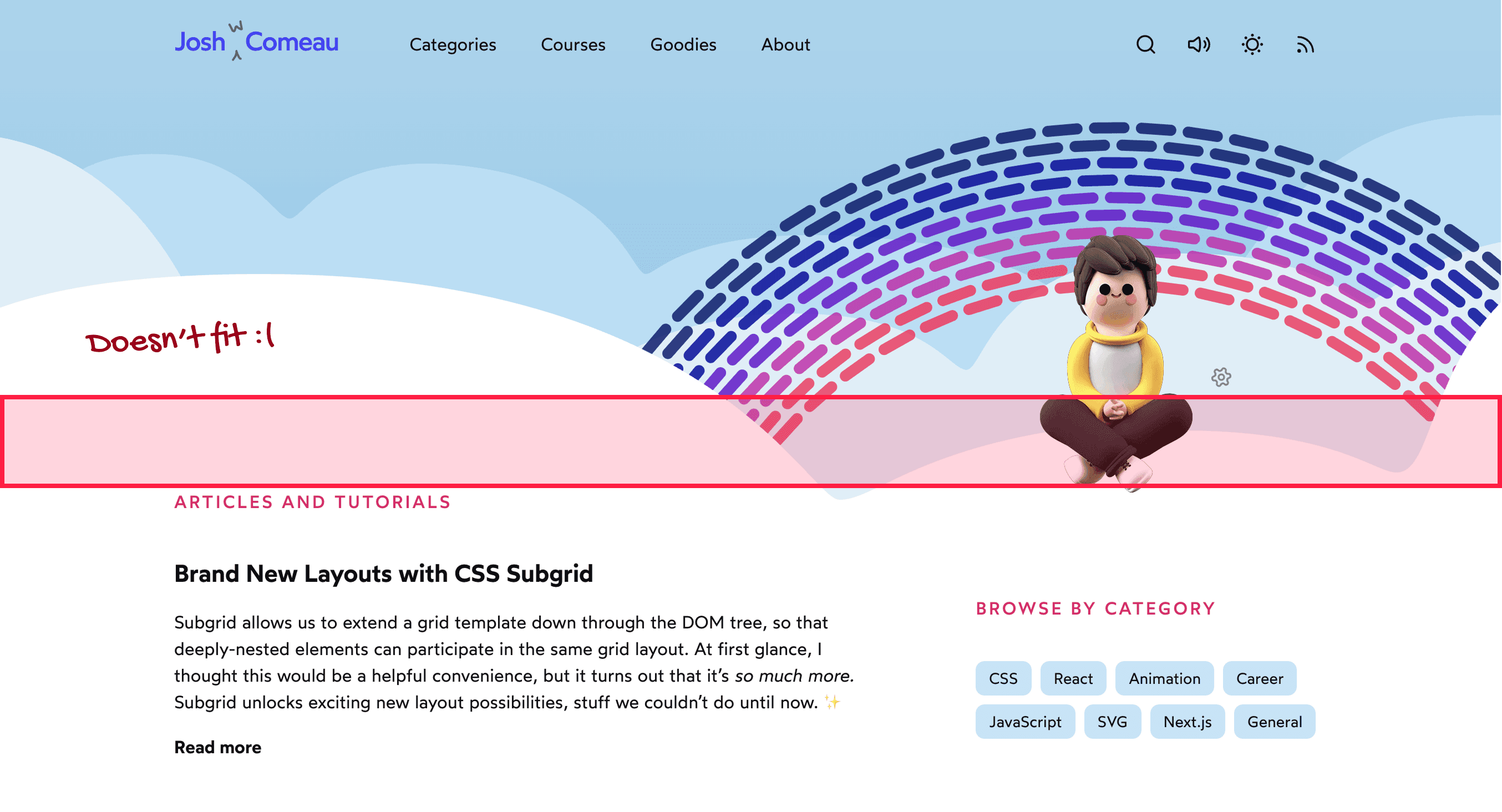 Screenshot of my blog's homepage, with large asymmetrical cloud swoops. A red rectangle shows where the sticky blocker could go, but it would wind up covering part of my 3D mascot and rainbow effect. The homepage can't accommodate the blocker, there just isn't enough space anywhere.
