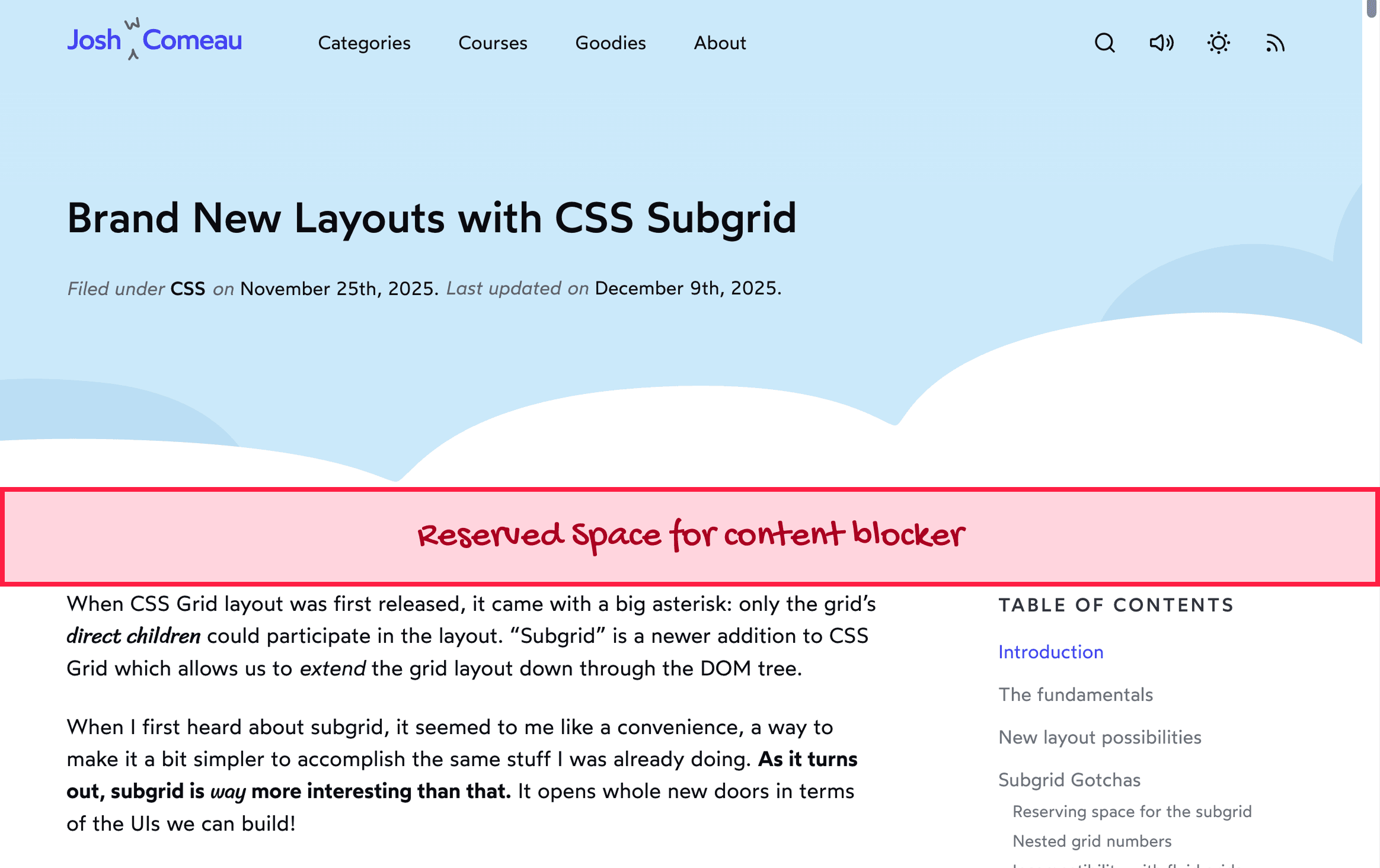 Screenshot of a blog post showing that there’s an 80 pixel tall invisible rectangle sitting just above the first paragraph of the blog post. That space is reserved and it needs to be empty, otherwise it would be covered up by the sticky header blocker.