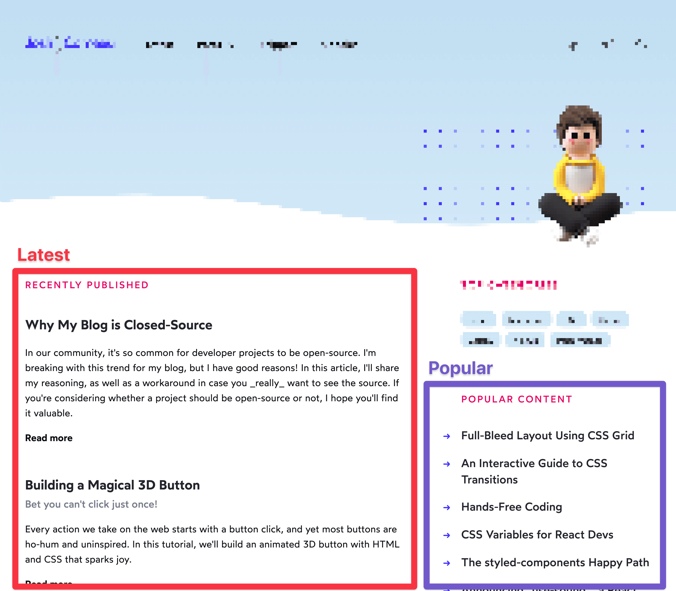 A screenshot of the homepage, with relevant areas labeled: a list of new posts, and a list of popular ones