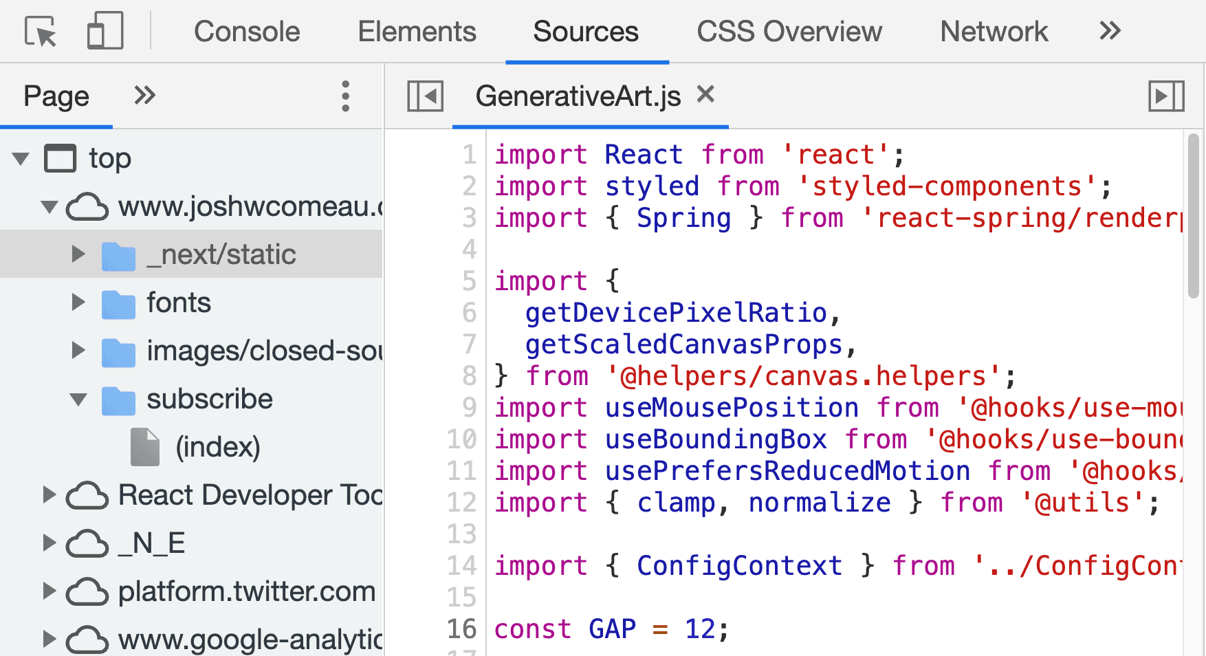 Screenshot of the “sources” devtool, showing the code for one of the components