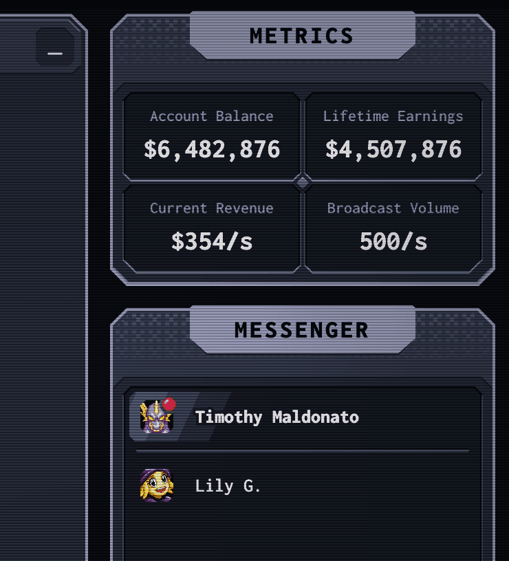 Screenshot of a monochromatic UI with tons of layered gray boxes. Each box has a 45-degree beveled corner.