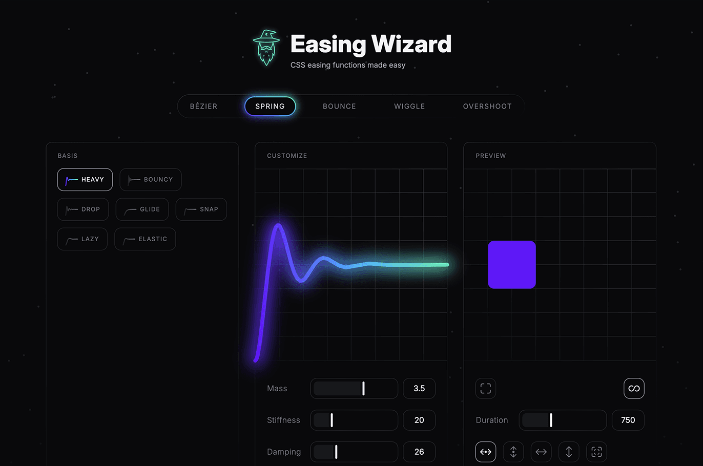 Screenshot of “Easing Wizard”, another tool designed to help you customize spring transitions. This tool also visualizes the animation, but instead of raw JavaScript code as the input, you control spring parameters like stiffness, damping, and mass.