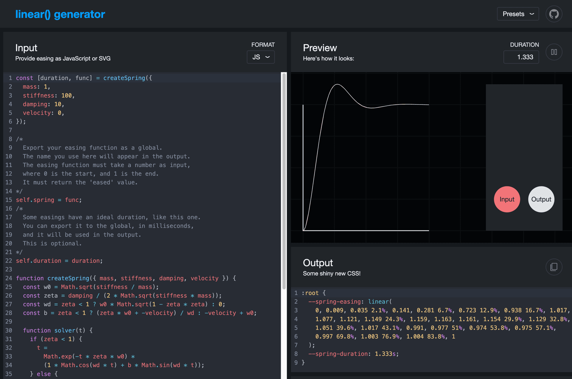 Screenshot of “linear-easing-generator”, a tool which has some JavaScript input on the left side and an animation visualization on the right, showing the result of the JavaScript calculations. At the bottom, the output CSS is shown, using linear(), and can be copied to use in your project