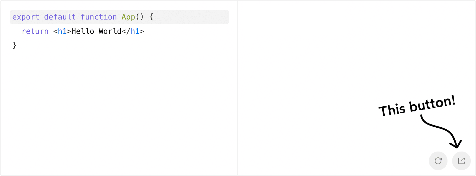 Screenshot of the first Sandpack we saw, with an annotation highlighting a button with an “open external” icon