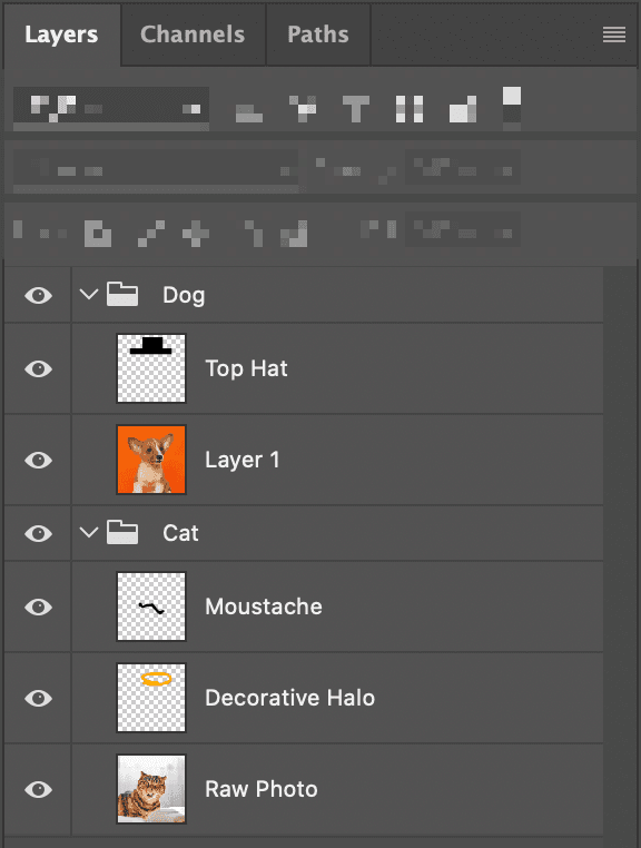 The 3 layers from the previous drawing are in a group, “Cat”. Another group, “Dog”, includes a top hat and a dog photo