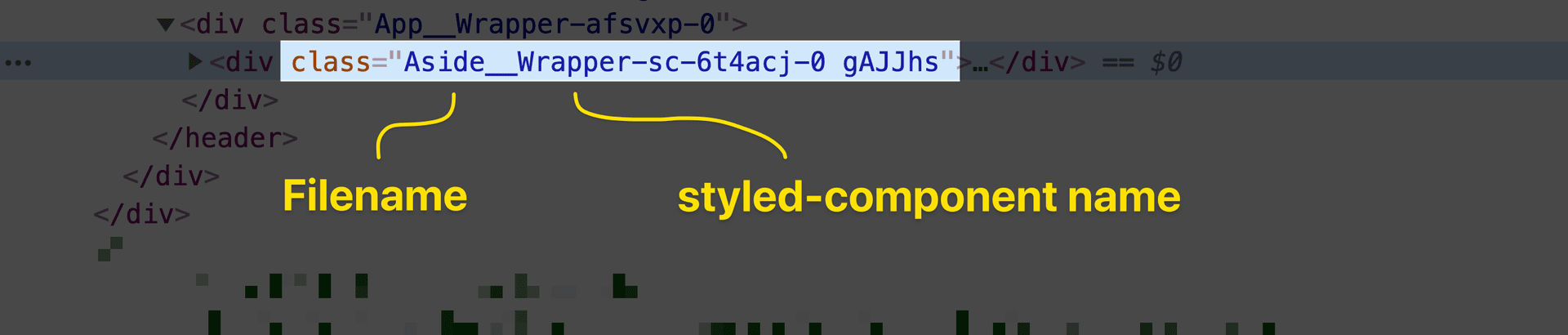 screenshot showing the Chrome DevTools elements pane, and an element with a filename + styled-component name given