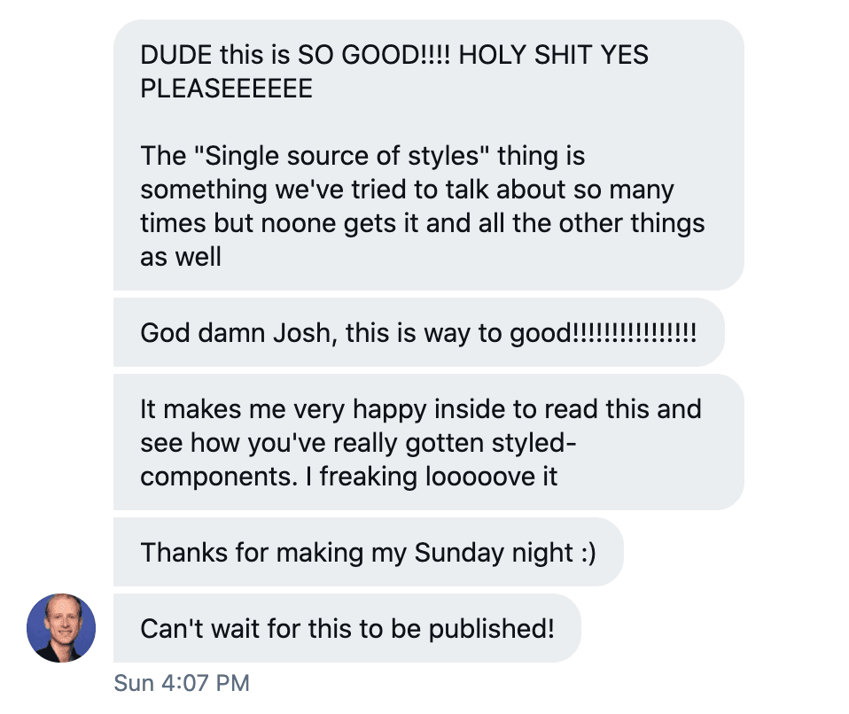 Screenshot of a social media DM from Max, saying that the post is really good, and that it makes him happy to see that I 'get' styled-components