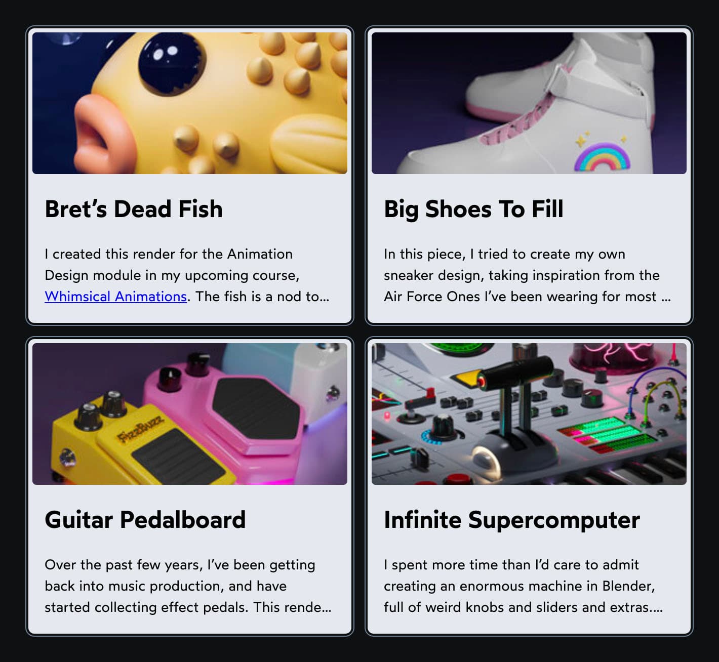 The same UI from above, with the four artist portfolio cards showing things like a pufferfish and a large machine. This time, the images are full-width and 140px tall, sitting above the heading and paragraph.