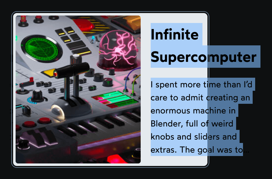 Screenshot showing the fourth card. The machine image is nice and wide, but the text column is spilling beyond the right edge of the card