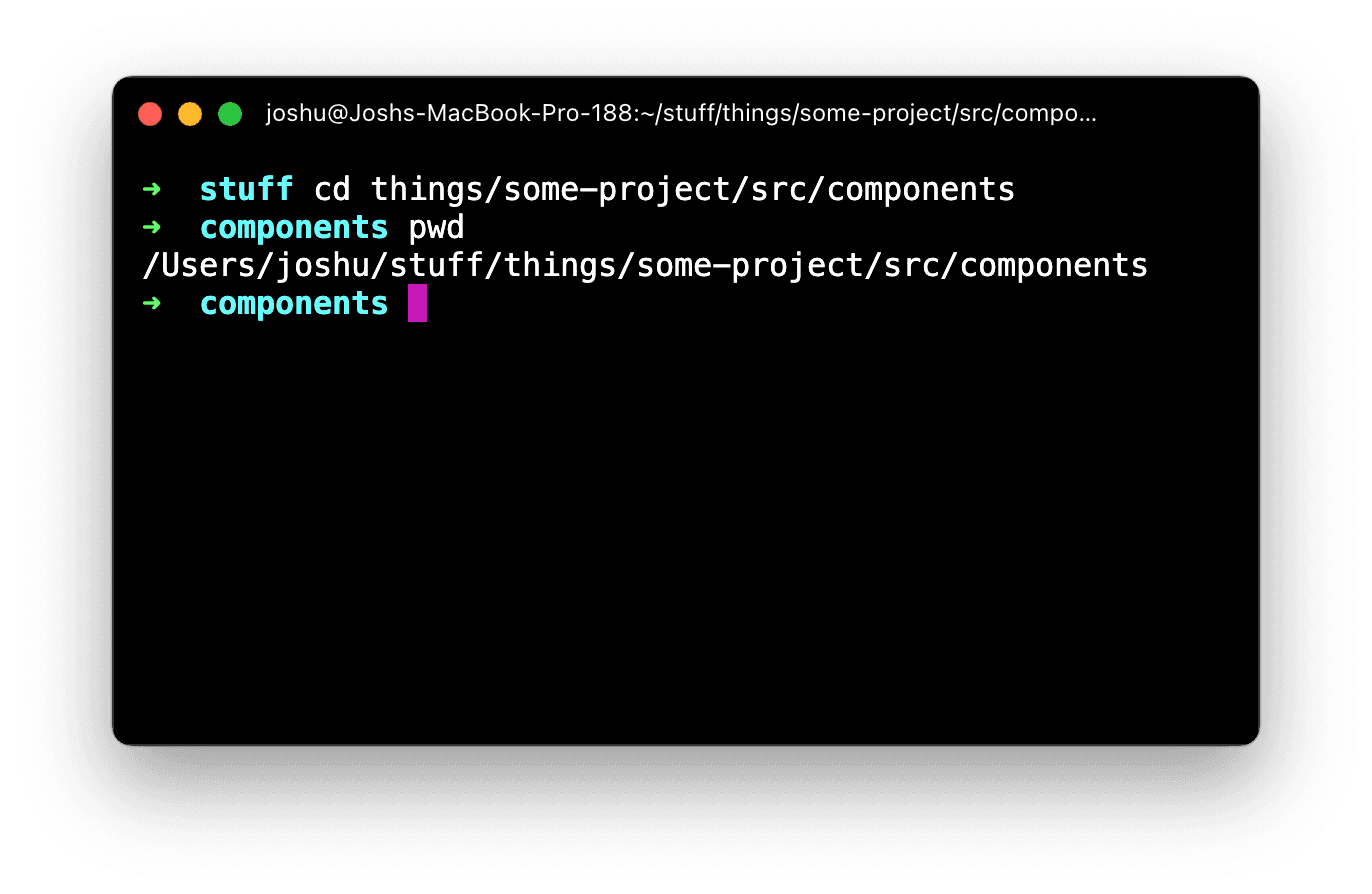 Running the 'cd' command to make the same transition as before, but doing it in 1 single step: 'cd things/some-project/src/components'