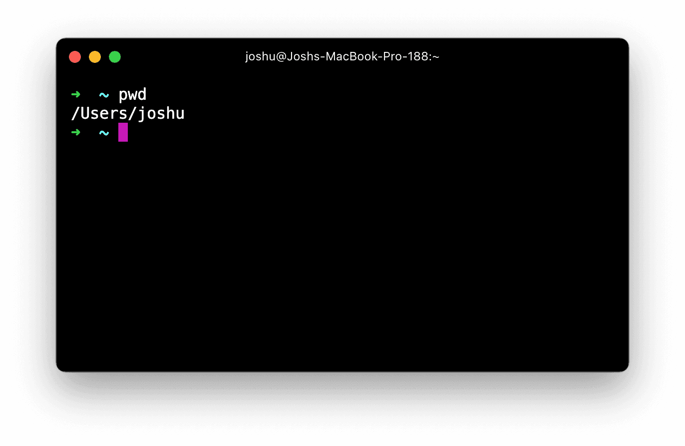 Running the 'pwd' command, which shows the current path (/Users/joshu)