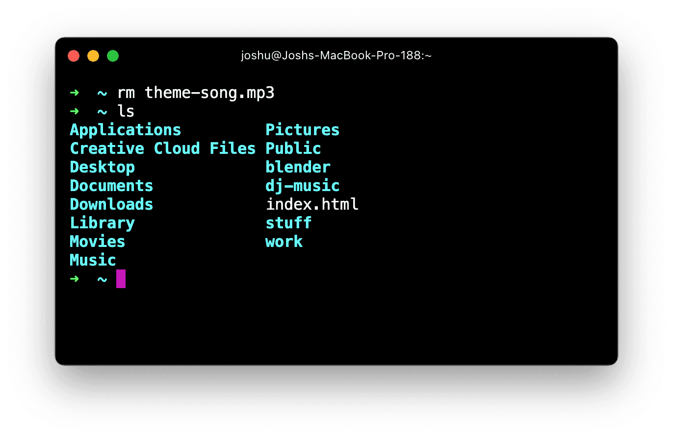 Running 'rm theme-song.mp3', and then running 'ls' to show that the file was deleted.