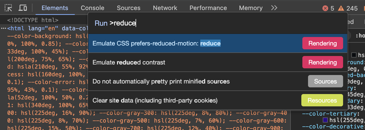 screenshot from the Chrome devtools showing the command palette open and an option highlighted: “Emulate CSS prefers-reduced-motion: reduce”