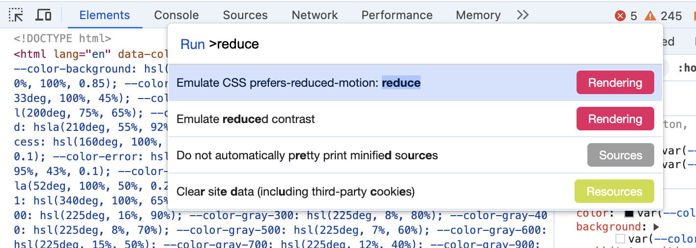 screenshot from the Chrome devtools showing the command palette open and an option highlighted: “Emulate CSS prefers-reduced-motion: reduce”