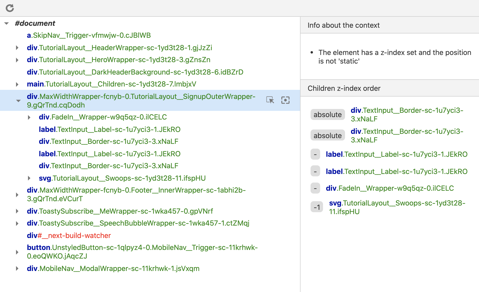 Screenshot of the Chrome devtools with a new pane that shows info about the element's current stacking context