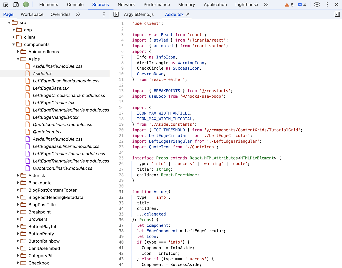 Screenshot of the “Sources” pane showing the code for my <Aside> component