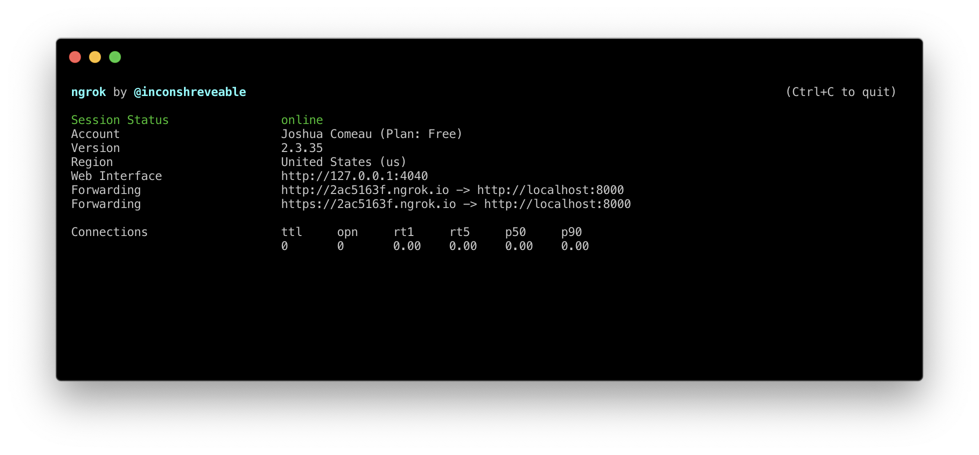 Terminal screenshot showing the forwarding URL that ngrok provides
