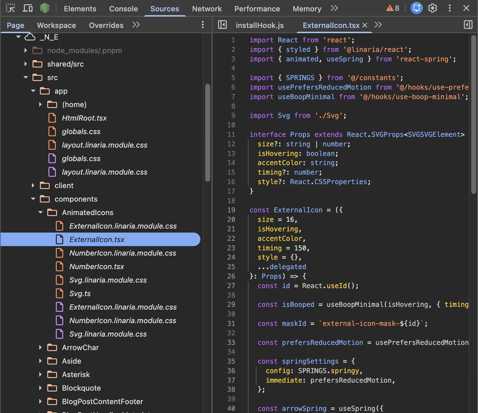 Screenshot of the 'Sources' pane in Google Chrome showing the code for a component named ExternalIcon, along with a sidebar showing many other components